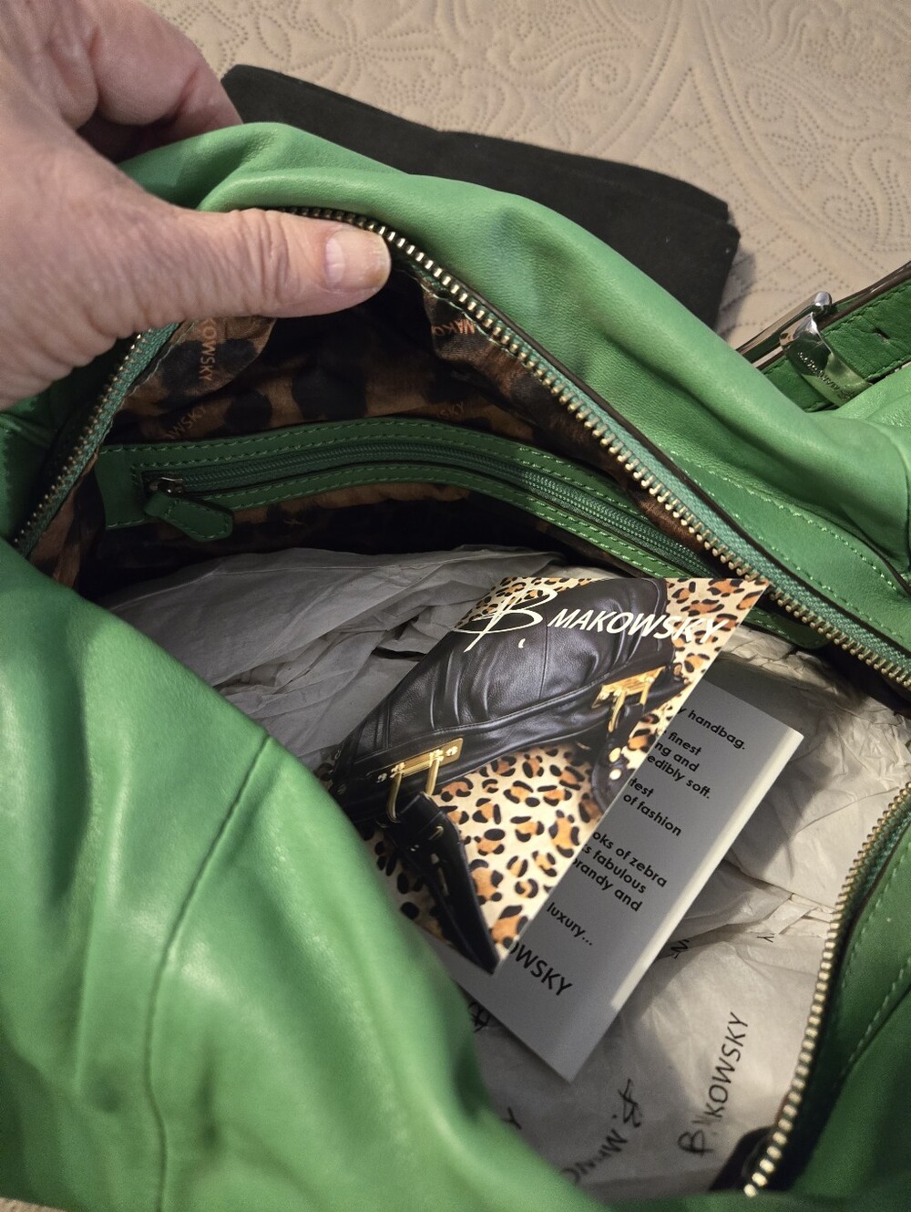 B. Makowsky Leather Green Stud-Accent Hobo Bag, New - Picture 3 of 6